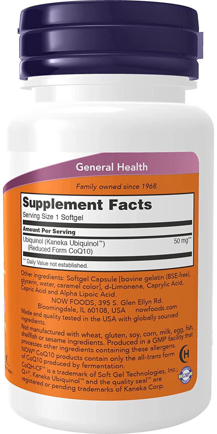 NOW Supplements, Ubiquinol CoQH-CF (the Active Form of CoQ10 - 50 mg with Superior Bioavailability), 60 Softgels