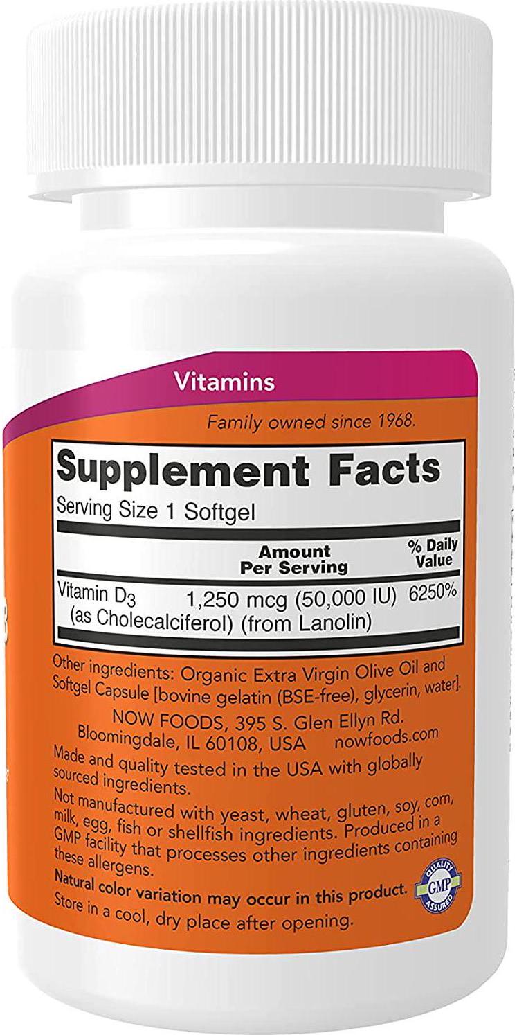 NOW Supplements, Vitamin D-3 50,000 IU Softgels, 50 Count (Pack of 1)