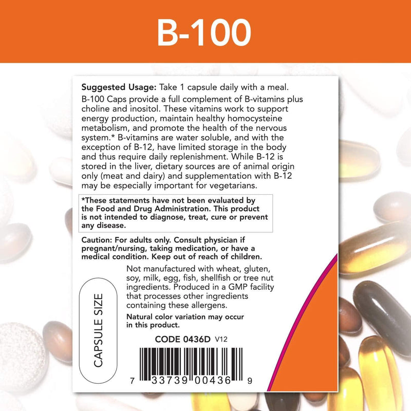NOW Supplements, Vitamin B-100, Energy Production*, Nervous System Health*, 100 Veg Capsules