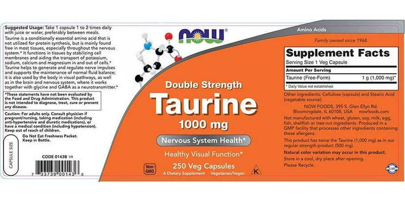 NOW Taurine 1000 mg, 250 Capsules
