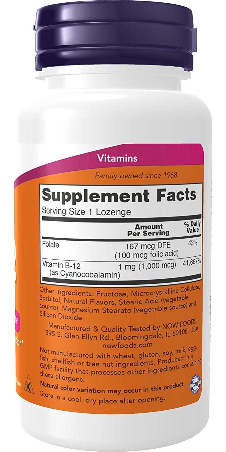 NOW Vitamin B-12 (1000 mcg) with Folic Acid,250 Chewable Lozenges