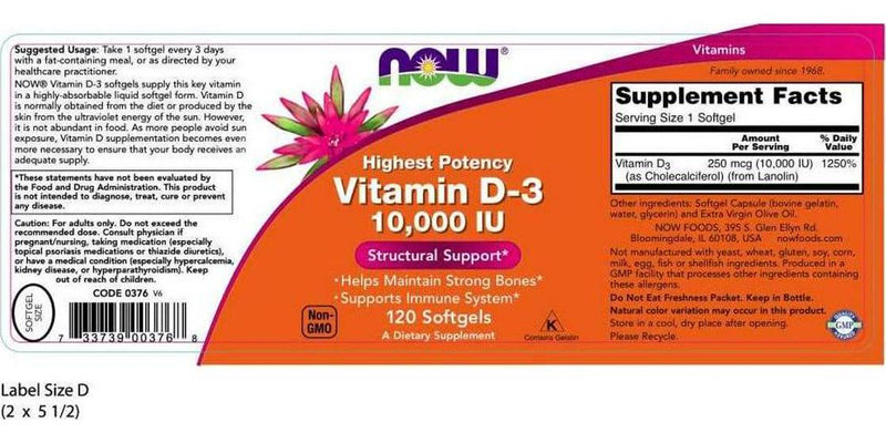 NOW Vitamin D-3 10,000 IU,120 Softgels