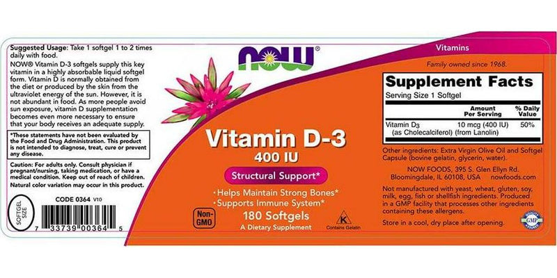 NOW Vitamin D-3 400 IU,180 Softgels