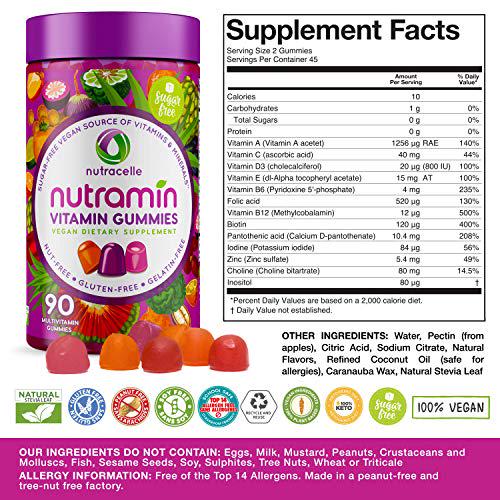 NUTRACELLE Gummies | Vegan Keto Vitamins Women and Men | Top 14 Allergen Free Sugar-Free Gluten-Free Nut-Free Dairy-Free Non GMO | Natural Energy Support Adults Daily Multivitamin Supplement Gummy 90