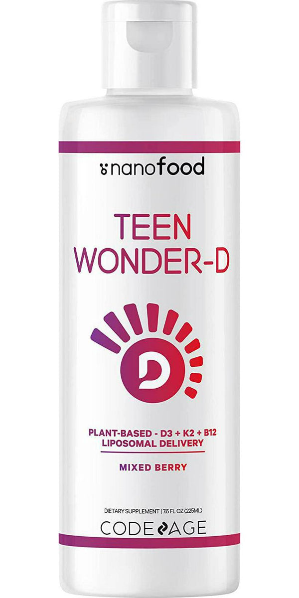 Nanofood Liposomal Teen Wonder-D, Vegan Vitamin D3 Cholecalciferol + K2 Liquid Supplement for Teenagers, Plant-Based Vitamin B12, Non-GMO Sunflower Oil, Mixed Berry Flavor, 3-Month Supply, 7.6 fl oz