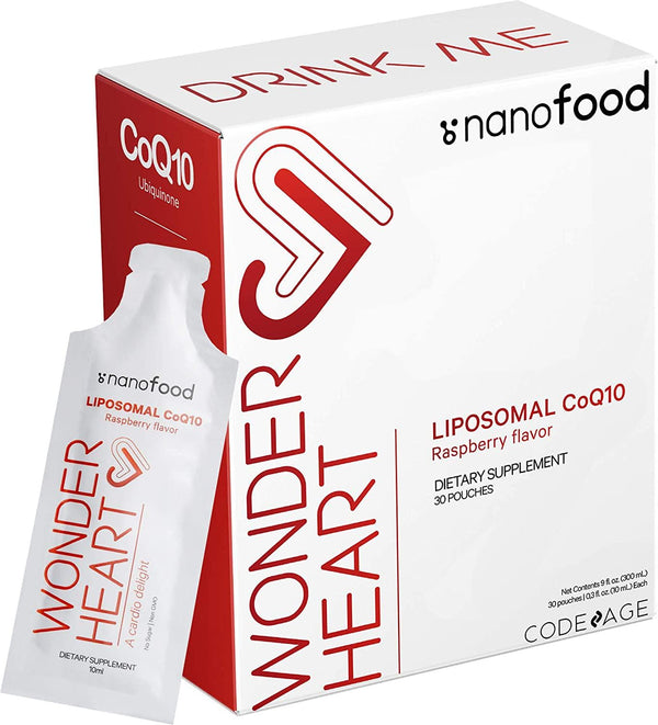 Nanofood Wonder Heart Liquid CoQ10 Liposomal Ubiquinone Supplement, Coenzyme Q10 Heart Vitamins, Non-GMO Sunflower Phosphatidylcholine Vegan Blend, Raspberry Flavored Softgel, Pack of 30 Pouches