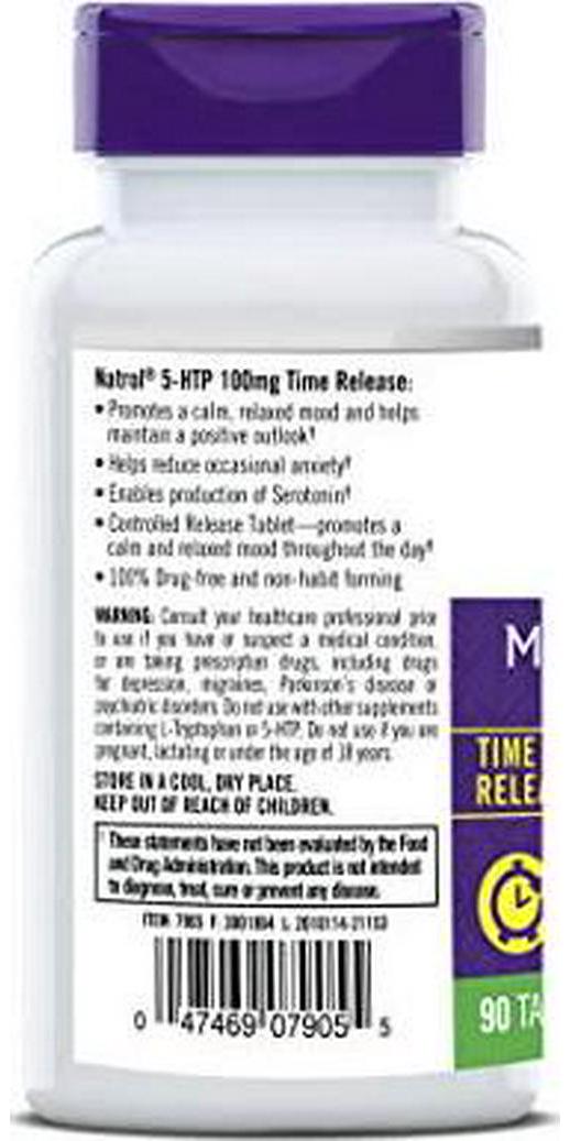 Natrol 5-HTP Time Release Tablets, 100mg, Drug Free, 90 Tablets