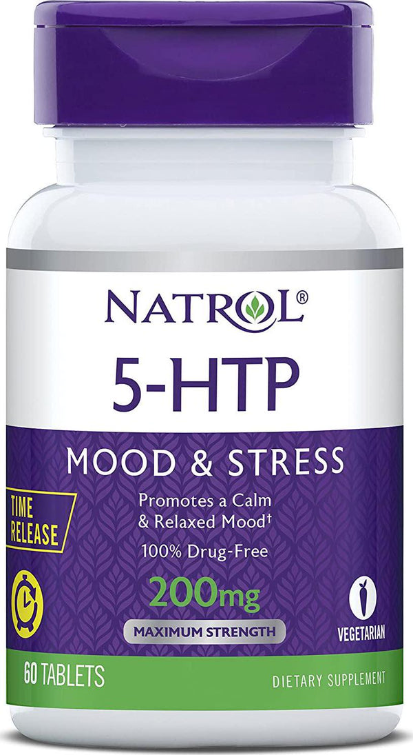 Natrol 5-HTP Time Release tablets, Promotes a Calm Relaxed Mood, Helps Maintain a Positive Outlook, Enables Production of Serotonin, Drug-Free, Controlled Release, Maximum Strength, 200mg, 60 Count