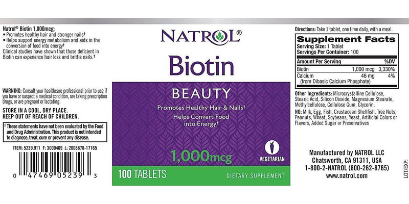 Natrol Biotin, Maximum Strength, 10,000 mcg Tablets 100 ea (Pack of 4)