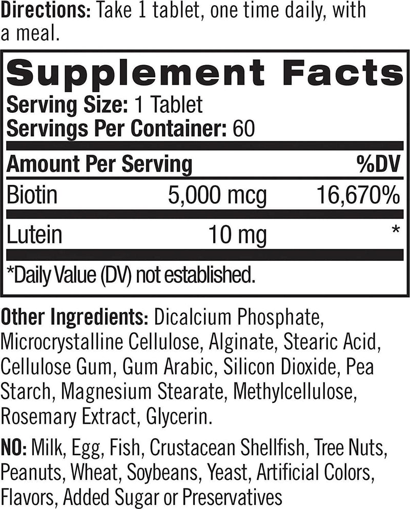 Natrol Biotin Plus Lutein Tablets, 5,000mcg, 60 Count