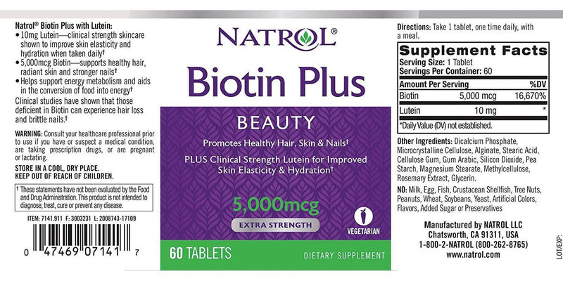 Natrol Biotin Plus Lutein Tablets, 5,000mcg, 60 Count
