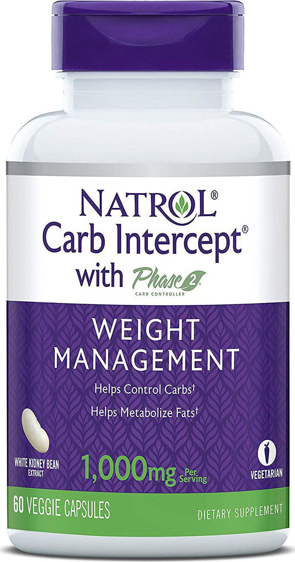 Natrol Carb Intercept with Phase 2 Carb Controller Capsules, White Kidney Bean Extract, Helps Control Carbs, Helps Metabolize Fats, Clinically Tested, Promotes Healthy Body Weight, 1,000mg, 60 Count