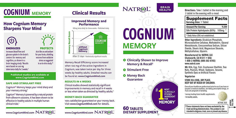 Natrol Cognium Tablets, Brain Health, Keeps Memory Strong, Shown to Improve Memory and Recall in Healthy Adults, Safe and Stimulant Free, 100mg, 60 Count