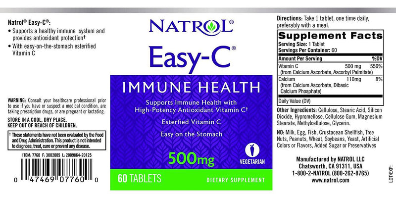 Natrol Easy-c Immune Health, High-potency Antioxidant Vitamin C, 500 Mg Tablets, 60 Count