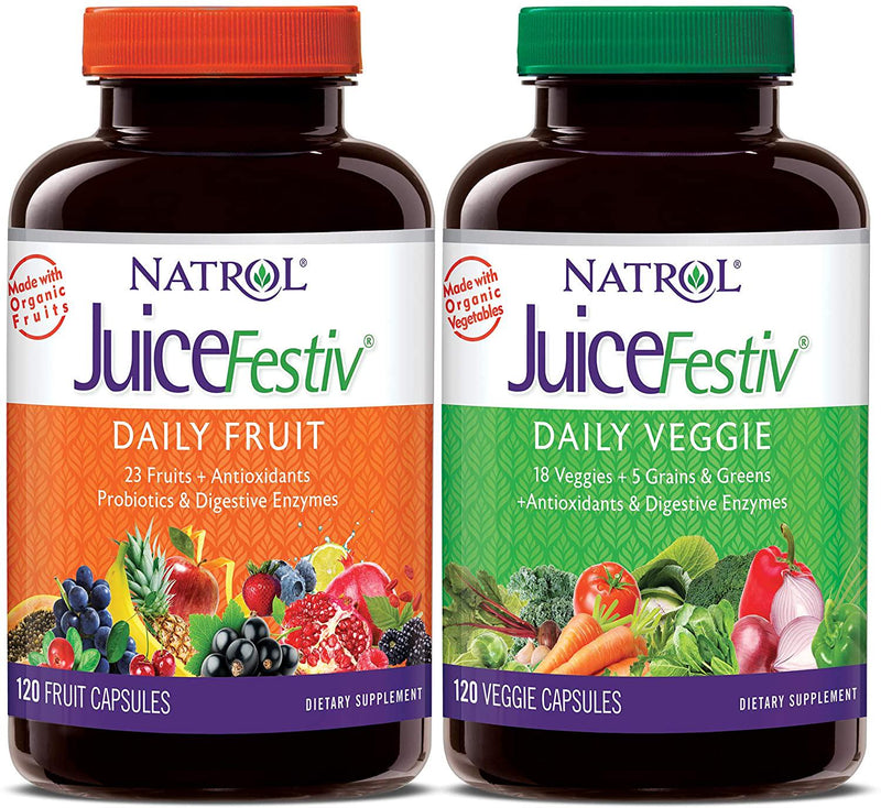 Natrol JuiceFestiv Daily Fruit and Veggie Capsules with Probiotics and Digestive Enzymes 240 Count