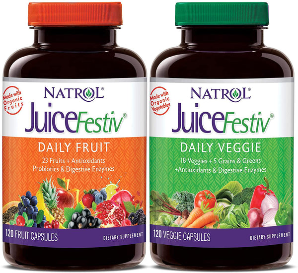 Natrol JuiceFestiv Daily Fruit and Veggie Capsules with Probiotics and Digestive Enzymes 240 Count