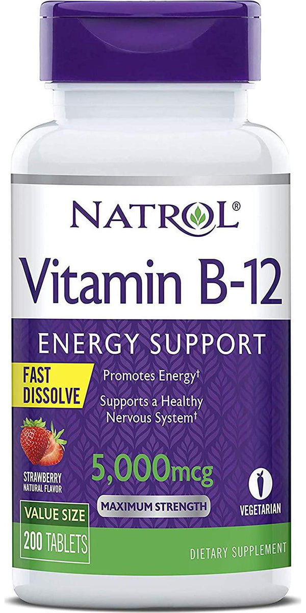 Natrol Vitamin B12 Fast Dissolve Tablets, Promotes Energy, Supports a Healthy Nervous System, Maximum Strength, Strawberry Flavor, 5,000mcg, 200 Count