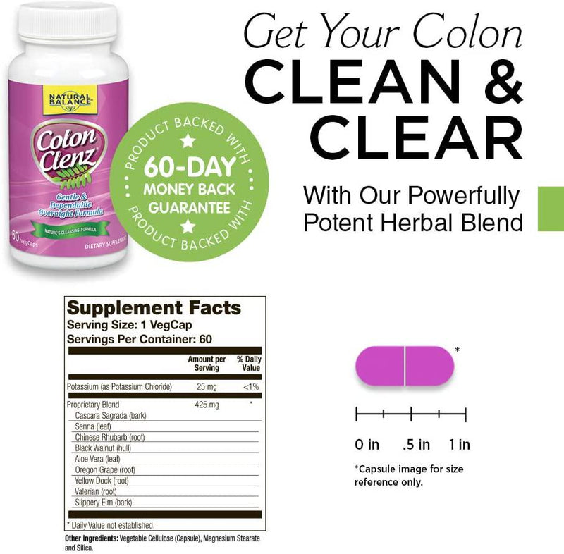 Natural Balance Colon Clenz | Herbal Colon Cleanse and Detox Supplement | Gentle and Dependable Overnight Formula (60 CT)