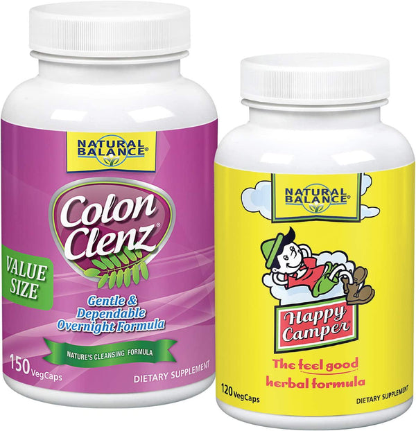 Natural Balance Colon Clenz and Happy Camper Bundle | Herbal Cleanse and Stress Support | 150 Capsules, 120 Capsules