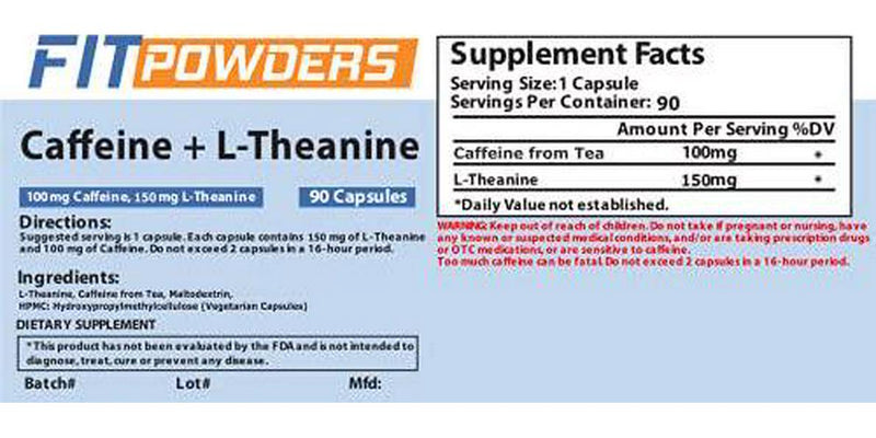 Natural Caffeine and L-Theanine Capsules 90 Count Pills (100 mg Caffeine, 150 mg L-Theanine) Energy Stack Supplement by FitPowders