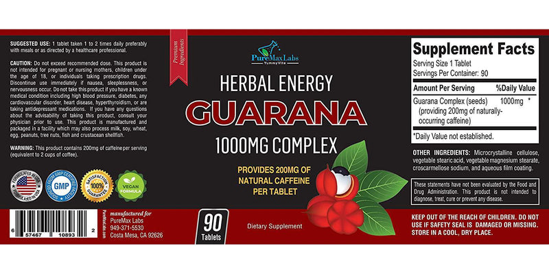 Natural Energy Guarana 1000MG - Provides 200MG of Herbal Caffeine (2 Cups Coffee), antioxidants, Boost Mental Focus, Natural Caffeine Tablets, 90 Tablets