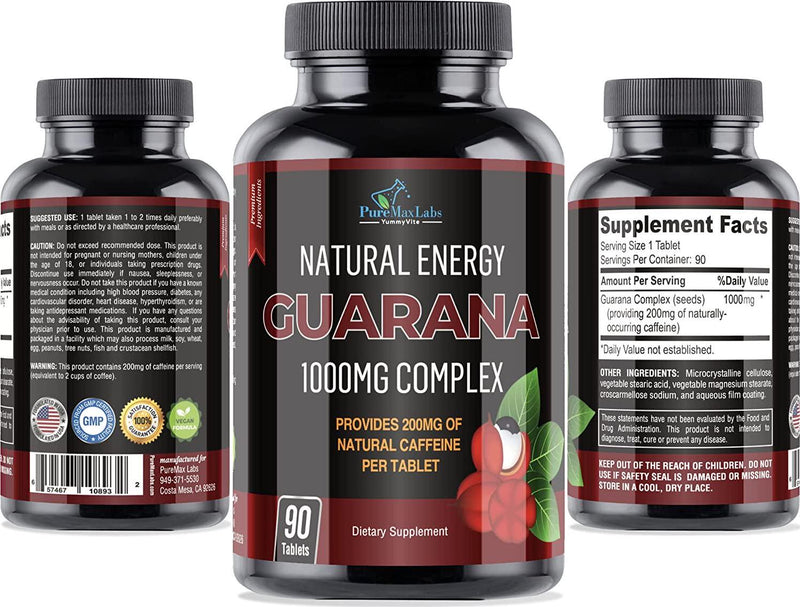 Natural Energy Guarana 1000MG - Provides 200MG of Herbal Caffeine (2 Cups Coffee), antioxidants, Boost Mental Focus, Natural Caffeine Tablets, 90 Tablets