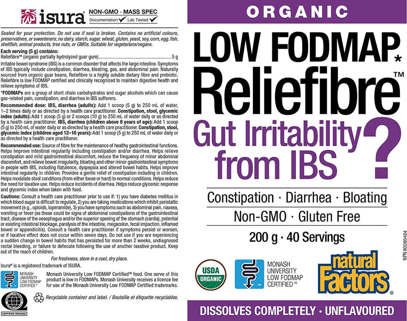 Natural Factors, Organic Low FODMAP Reliefiber, Digestive Fiber Powder, Unflavored, 5.3 Oz