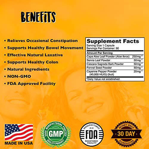 Natural Laxatives for Constipation, Cape Aloe Cleanse | Natural 15 Day Colon Cleanse and Detox Dietary Supplement | 90 Non-GMO Capsules Made in The USA in an FDA Inspected GMP Certified Facility