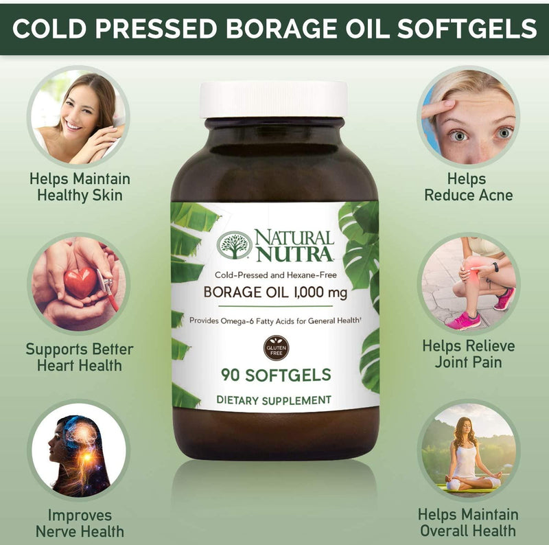 Natural Nutra Borage Oil, Omega 6 Essential Fatty Acids Supplement with GLA, Linoleic, Oleic and Palmitic Acid, Cold Pressed, Herbicide and Pesticide Free, 90 Softgels