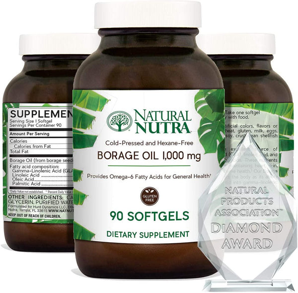 Natural Nutra Borage Oil, Omega 6 Essential Fatty Acids Supplement with GLA, Linoleic, Oleic and Palmitic Acid, Cold Pressed, Herbicide and Pesticide Free, 90 Softgels