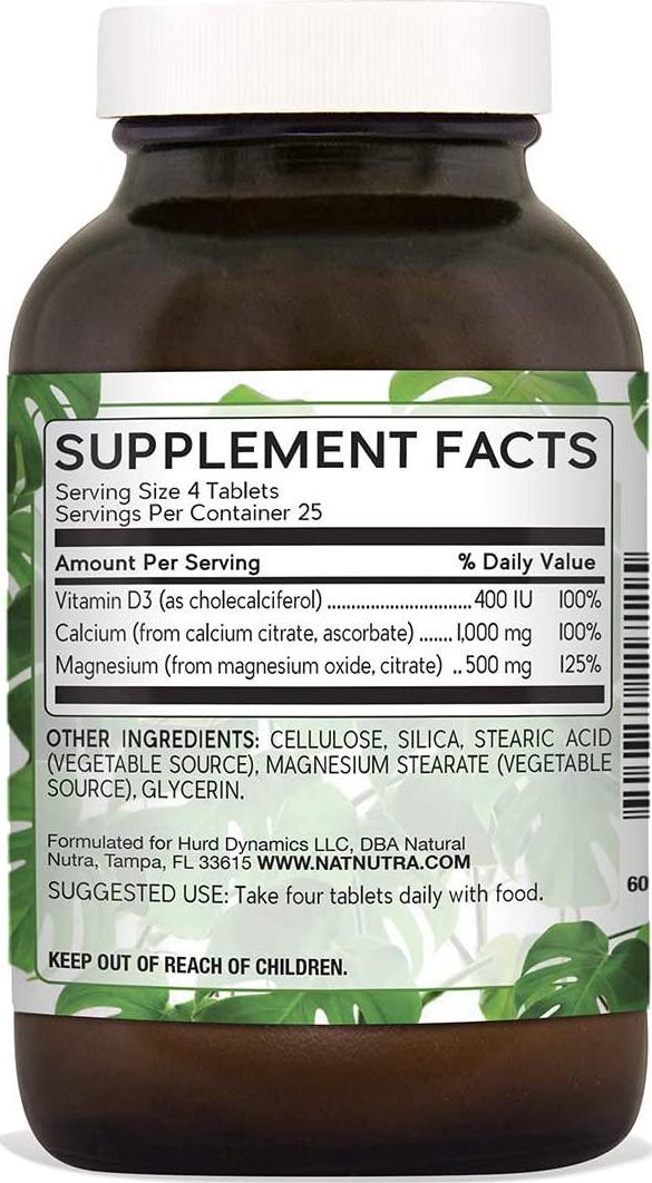 Natural Nutra Cal-Mag Citrate with Vitamin D3, Calcium, Magnesium, 1000/500 mg Complex, Strengthen Bone Density, Muscle and Nerve Health, Highly Bioavailable Sources of Ascorbate, 100 Vegan Tablets