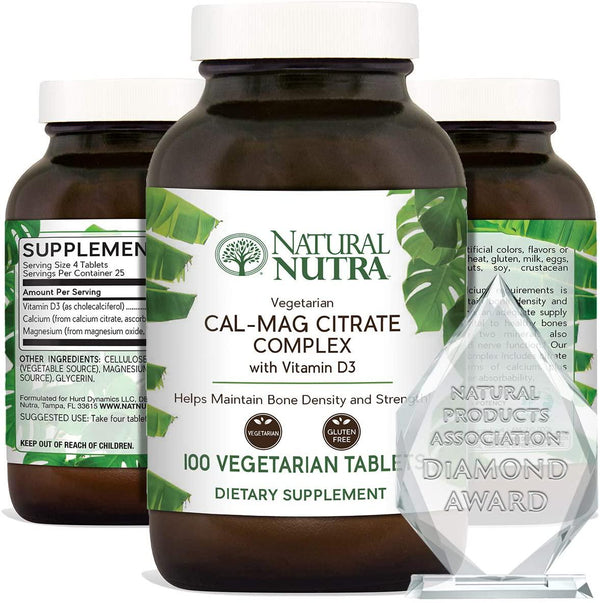 Natural Nutra Cal-Mag Citrate with Vitamin D3, Calcium, Magnesium, 1000/500 mg Complex, Strengthen Bone Density, Muscle and Nerve Health, Highly Bioavailable Sources of Ascorbate, 100 Vegan Tablets