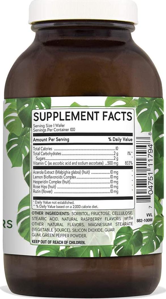 Natural Nutra Chewable Vitamin C Supplement 500 mg with Acerola, Bioflavonoids and Rosehips for Kids and Adults, High Potency, Delicious Raspberry and Cherry Flavor, 100 Vegan Wafers