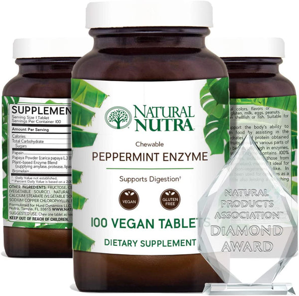 Natural Nutra Chewable Peppermint Digestive Enzyme Supplement, Plant Based, Papaya (Papain), Amylase, Pineapple (Bromelain), Lipase, and Protease, Vegan and Vegetarian, 100 Tablets
