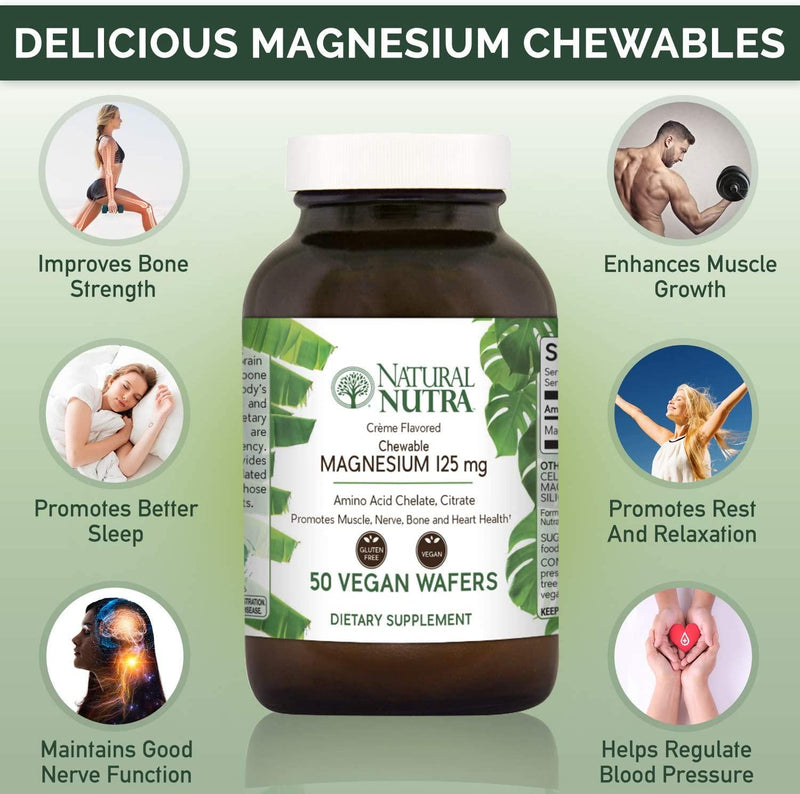 Natural Nutra Chewable Magnesium Supplement with Citrate and Chelate for Kids and Adults, Best Pure Mag Chew for Muscle, Nerve, Bone, and Heart Health, 125mg, 50 Vegan Wafers