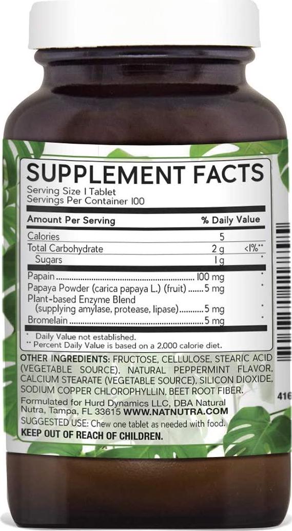 Natural Nutra Chewable Peppermint Digestive Enzyme Supplement, Plant Based, Papaya (Papain), Amylase, Pineapple (Bromelain), Lipase, and Protease, Vegan and Vegetarian, 100 Tablets