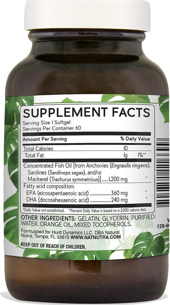 Natural Nutra Concentrated Omega 3 Fish Oil with EPA and DHA, Mulecularly Distilled, Tested for PCBs and Heavy Metals, FOS Certified, Non-GMO, Gluten Free, Burpless, Orange Flavor, 2-Month Supply
