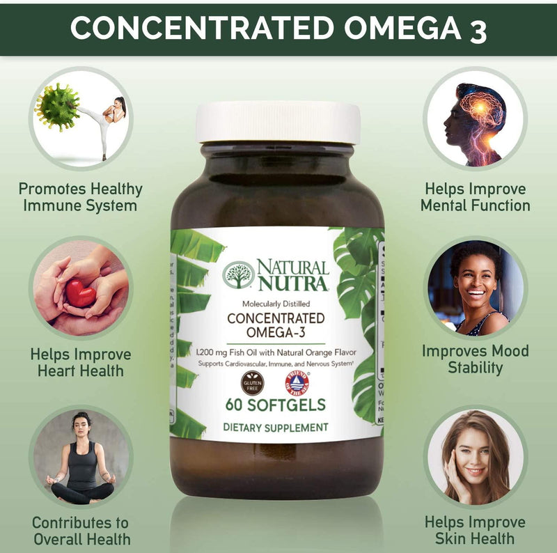 Natural Nutra Concentrated Omega 3 Fish Oil with EPA and DHA, Mulecularly Distilled, Tested for PCBs and Heavy Metals, FOS Certified, Non-GMO, Gluten Free, Burpless, Orange Flavor, 2-Month Supply