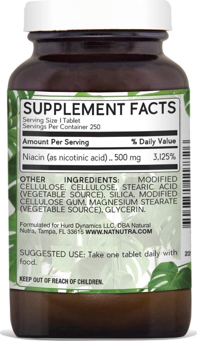 Natural Nutra Extended and Time Release Niacin 500mg (Vitamin B3) - Nerve Support, Heart Health, Detox and Cholesterol Lowering Supplement with Nicotinic Acid - Vegan and Vegetarian - 100 Tablets