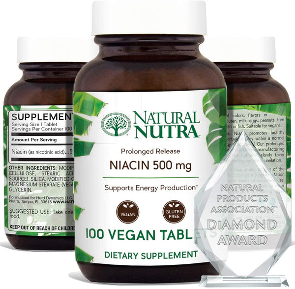 Natural Nutra Extended and Time Release Niacin 500mg (Vitamin B3) - Nerve Support, Heart Health, Detox and Cholesterol Lowering Supplement with Nicotinic Acid - Vegan and Vegetarian - 100 Tablets