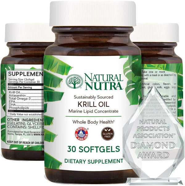 Natural Nutra Krill Oil 500mg with Astaxanthin, Omega 3 Fatty Acids, EPA and DHA, Antarctic Sourced and Friend of The Sea Certified, Environmentally Friendly Premium Glass Bottles, 30 Capsules