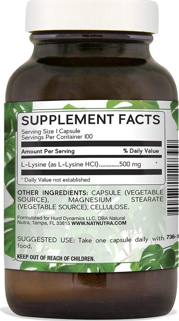 Natural Nutra L Lysine HCl, Promotes Healthy Bone, Helps Built Collagen, Tissue Formation, Improve Calcium Absorption, Alpha Amino Acid Supplement, Non GMO, Vegan, 500 mg, 100 Capsules.