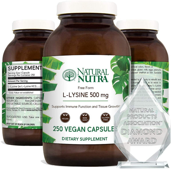 Natural Nutra L Lysine HCl, Free Form Alpha Amino Acid Supplement, Non GMO, Vegan, 500 mg, 250 Capsules