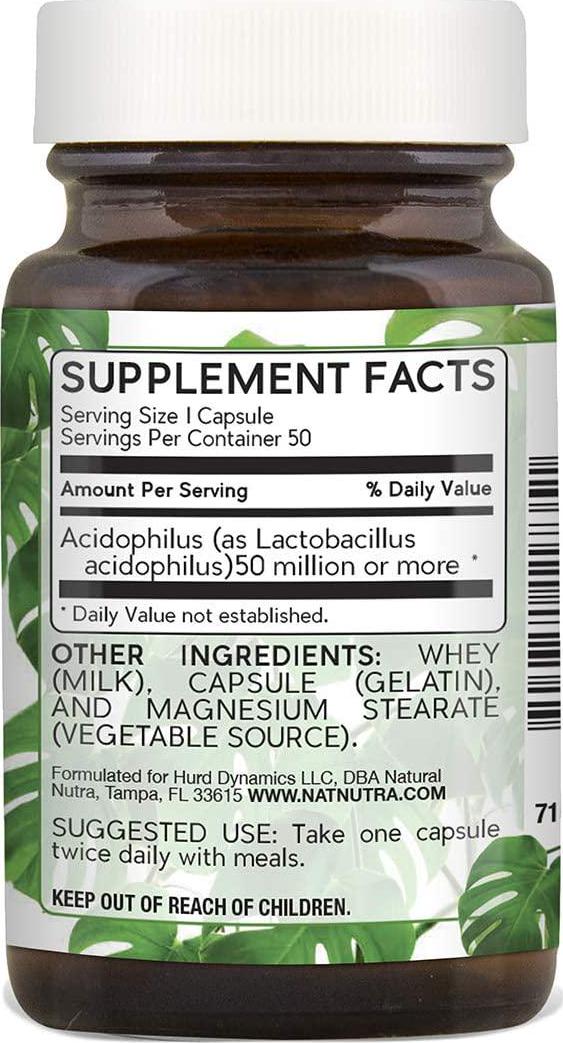Natural Nutra Lactobacillus Acidophilus Probiotic Supplement for Women and Men for Digestion, Weight Loss, Constipation and Heartburn Relief, Freeze Dried and Shelf Stable, Gluten Free, 50 Capsules