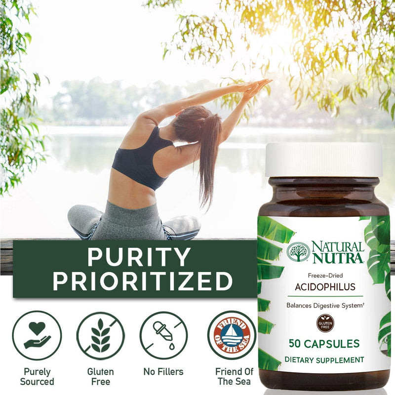 Natural Nutra Lactobacillus Acidophilus Probiotic Supplement for Women and Men for Digestion, Weight Loss, Constipation and Heartburn Relief, Freeze Dried and Shelf Stable, Gluten Free, 50 Capsules