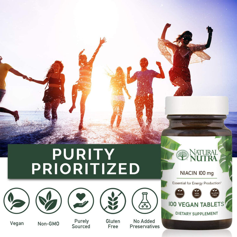 Natural Nutra Niacin as Nicotinic Acid (Vitamin B3) Supplement for Energy, Cholesterol and Cardiovascular Health, Non-GMO, Vegan, Gluten Free, 100 mg, 100 Tablets