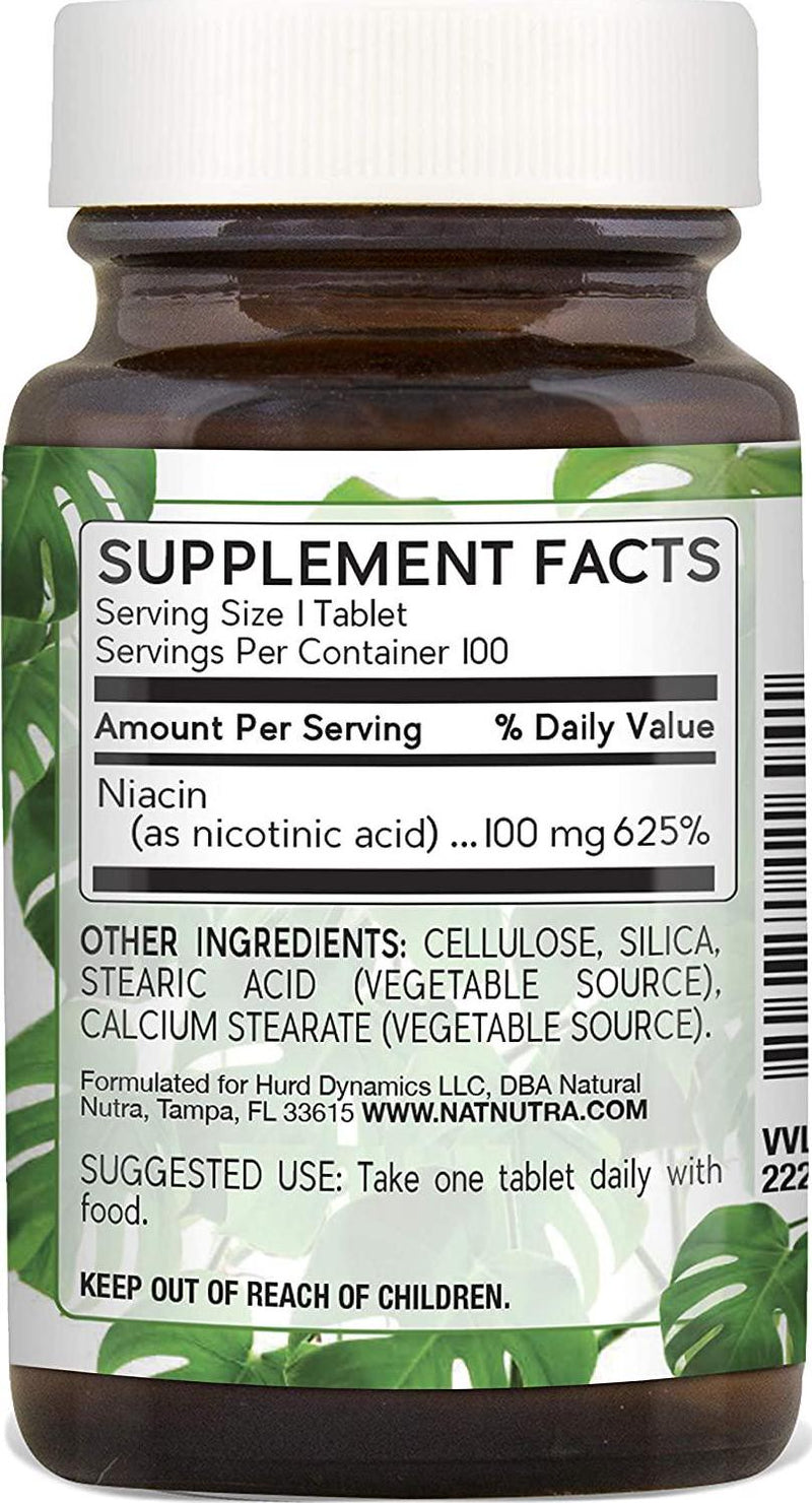 Natural Nutra Niacin as Nicotinic Acid (Vitamin B3) Supplement for Energy, Cholesterol and Cardiovascular Health, Non-GMO, Vegan, Gluten Free, 100 mg, 100 Tablets