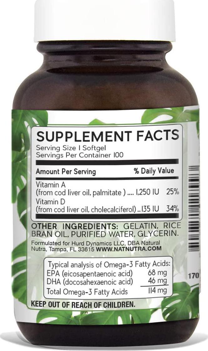 Natural Nutra Norwegian Cod Liver Oil Supplement, Arctic Fish Oil from The Nordic Region, Rich in Omega 3, EPA, DHA, Vitamin A and D, 100 Softgels