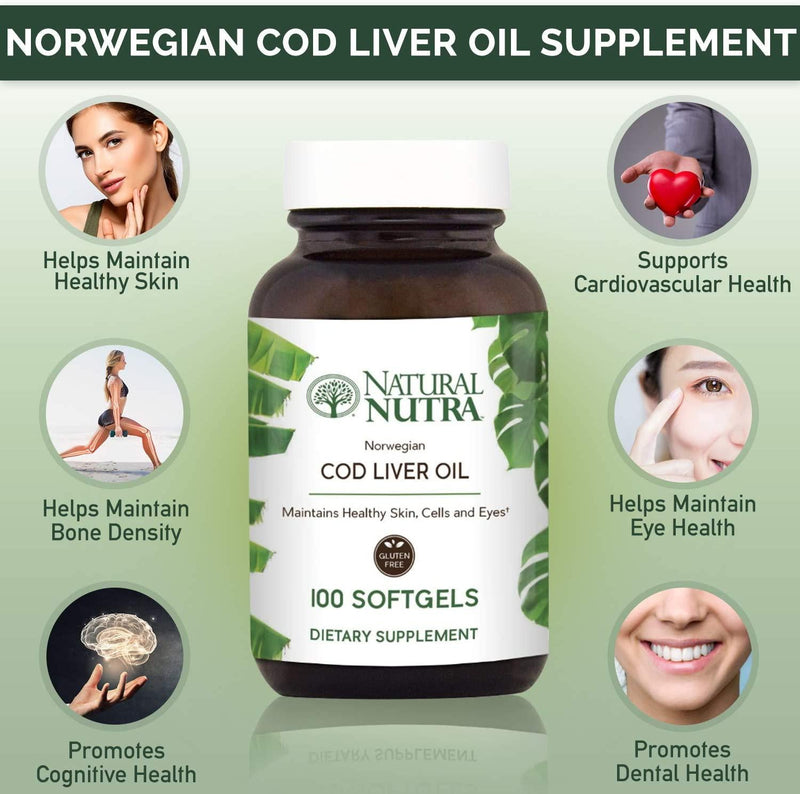 Natural Nutra Norwegian Cod Liver Oil Supplement, Arctic Fish Oil from The Nordic Region, Rich in Omega 3, EPA, DHA, Vitamin A and D, 100 Softgels