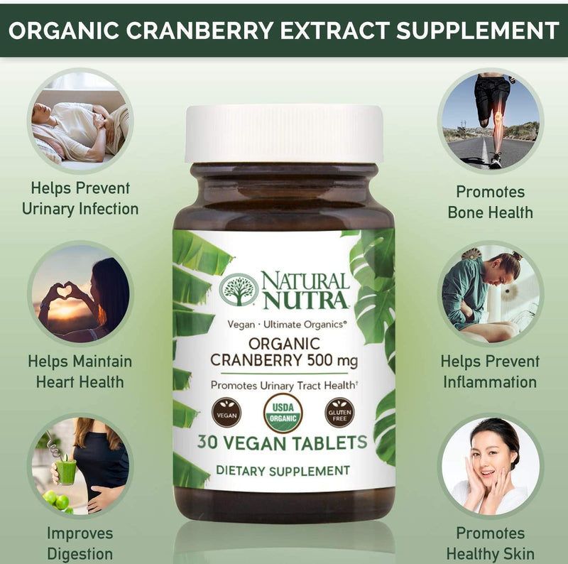 Natural Nutra Organic Cranberry Extract Supplement, Vegan and Vegetarian, Pills for Kidney Cleanse, UTI Relief, Inflammation and Antioxidant Support, 30 Tablets, One Month Supply